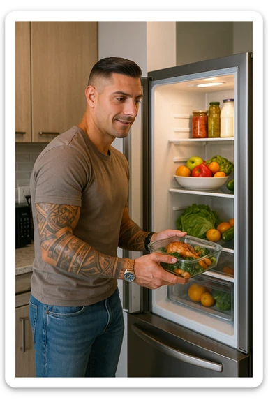 Uomo che mette nel frigo il suo pasto cucinato sticker