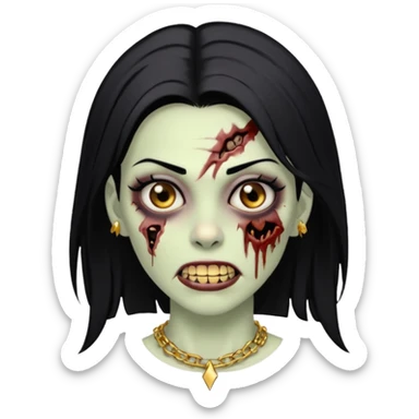 Faça uma zombie mulher com grillz com olhos castanhos cabelos liso preto partido ao meio e estilo baddie sticker