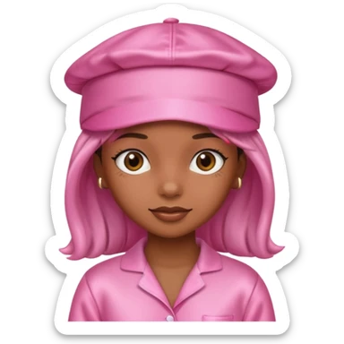 a brown skin girl with a pink satin cap and pajamas sticker