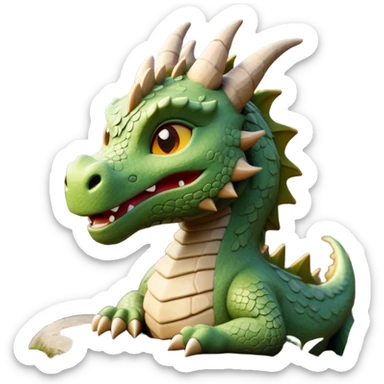 Cinematic Cute Giant Rock Dragon Portrait Emoji, Head tilted playfully and inquisitively, showcasing a robust, stone-carved body with intricately detailed, craggy textures in natural earthen tones accented by soft hints of moss, and a surprisingly gentle, endearing expression; rendered with lifelike clarity and warm, natural light, high shine, mighty yet endearing, styled with a touch of ancient, stony whimsy, soft glowing outline, capturing the essence of a mischievous stone guardian poised to rumble playfully into your embrace! sticker