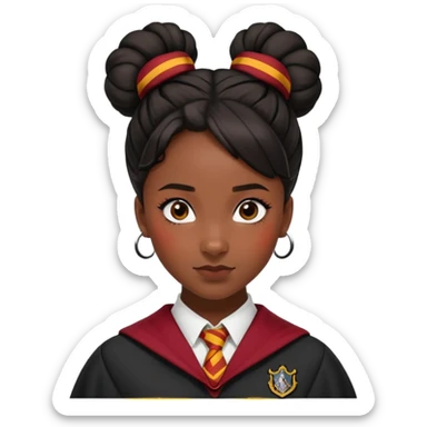 alicia spinnet in harry potter, wear hogwarts gryfindor uniform, black knot bun hair, black skin sticker
