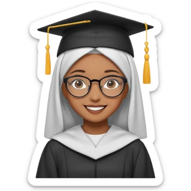 adorable hijabi girl with glasses, graduation cap, and a big smile sticker