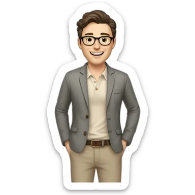 Joyful Full height Pale skinned Fit Man With dark brown hair in gray jacket, beige office shirt, Brown pants and vintage glasses. His thrumbs up sticker