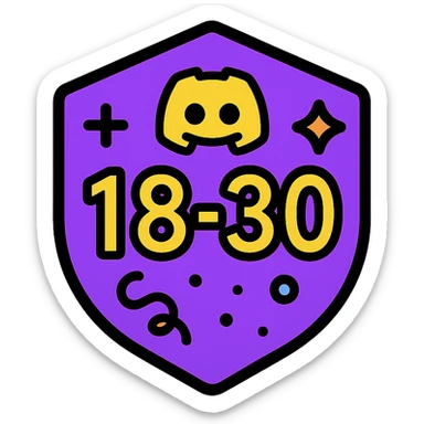 Discord role icon for ages 18-30, modern and inclusive, with playful elements like confetti or sparkles, numbers '18-30' subtly included, suitable for a community badge sticker