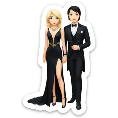 Blonde woman, black, Long, tight, sleveless Dress, Slot left Leg, man, black Hair, in Dinner jacket, Background ballroom sticker