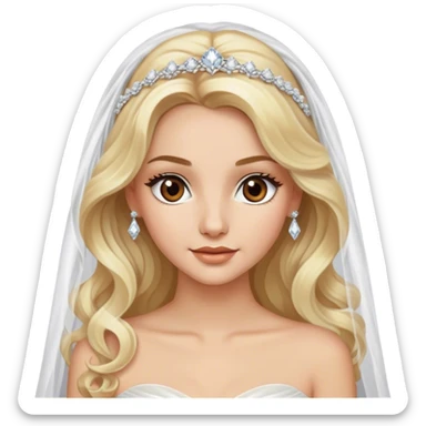 pretty blonde with brown eyes, long wavy hair, glamorous white tulle gown, wedding veil, and diamond jewelry, highly-detailed sticker