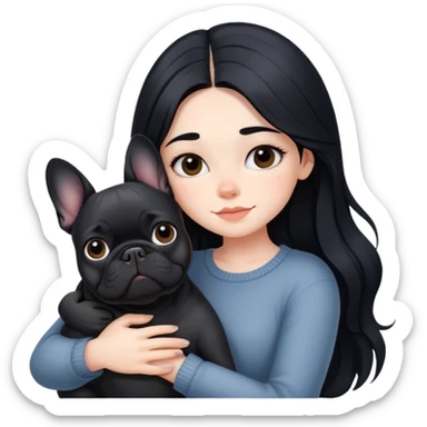 A beautiful girl with long black hair hugs a black French bulldog sticker