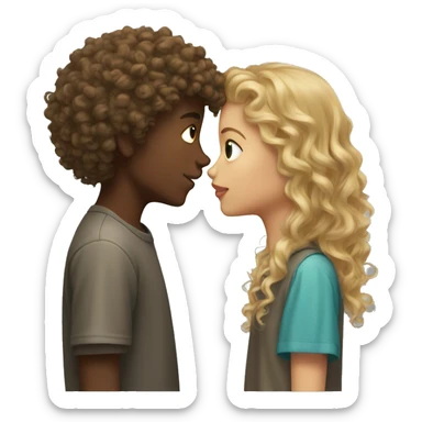 Dark blond girl kissing mixed curly haired boy sticker