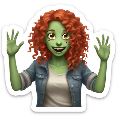 Happy zombie girl red curly hair with both hands in the air sticker