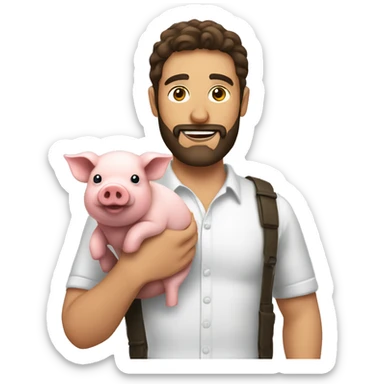Brunette man with beard holds pig  sticker