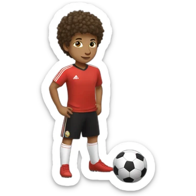 Young brown kid freestyling soccer ball on his head, spike haircut, red shirt, black trousers, soccer ball sticker