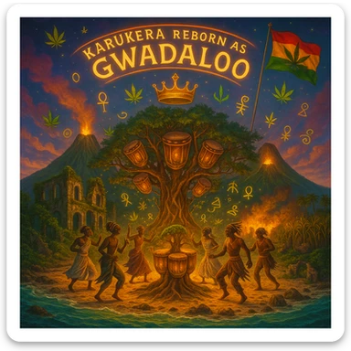 Create a powerful, surreal vision of the Caribbean island Guadeloupe, reimagined as ‘Gwadaloo’ — its sacred, sovereign identity restored. The island is lush, tropical, and volcanic, with two green volcanoes glowing golden at the peaks. In the center stands a giant mystical Drum Tree, its branches bearing carved drums instead of fruit, glowing with rhythmic light. Ancestral spirits of African and indigenous lineage dance in a circle around the tree, surrounded by floating ganja leaves and sacred symbols. Sugarcane fields burn gently in the background, symbolizing the end of colonial suffering. Ruins of colonial buildings crumble into the earth, reclaimed by vines and jungle. Above the island, a glowing banner in the sky reads: ‘Karukera reborn as Gwadaloo.’ A ganja-leaf flag waves high in red, green, and gold, and a golden Creole crown floats in the sky above the island — not worn by any man, but held in rhythm. The ocean is turquoise, the light is divine, and the entire scene radiates spiritual victory, cultural remembrance, and cosmic rhythm. Use a warm, cinematic palette of golds, greens, blues, and purples. Style should feel epic, sacred, and symbolic — a rebirth of Caribbean power. sticker