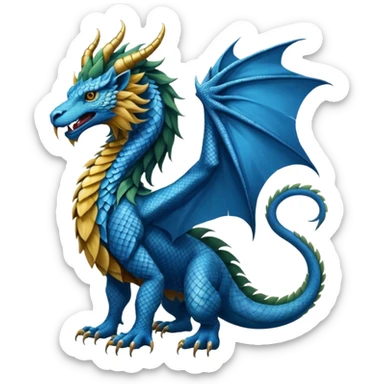 Mušḫuššu, ancient divine beast: blue scaled serpentine body, lion mane, lion forelegs, eagle hind legs, long neck, horned dragon head, lizard tail, optional wings sticker