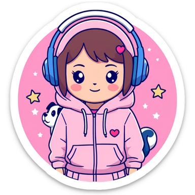 A brown-haired cartoon girl in a pink sparkly hoodie with headphones on, surrounded by hearts, stars, and a puppy  — in cute anime style sticker