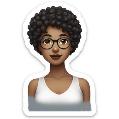 Black curly Hair girl with a white crop top on and blue eyes with natural lashes and glasses with lip gloss on her lips lightskin looking forward. sticker