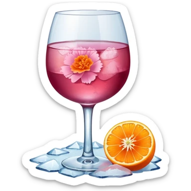 Pink wine on ice with an orange carnation sticker