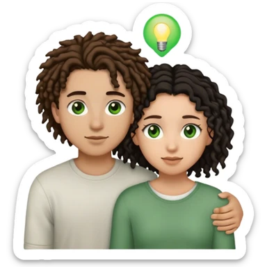 couple holding eachother. the boy is light skinned, short brown dreads, and green eyes. the girl is light skinned, curly black hair, and brown eyes sticker