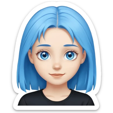 Girl, with blue eyes, with blue caret hairs, with black t-shirt, happy emotion  sticker
