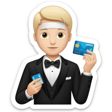 make a genmoji of a boy with a an amex card in hand and wearing a tux sticker