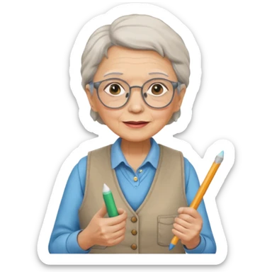 woman teacher, old, wearing vest, wearing glasses, hold chalk on their hand sticker
