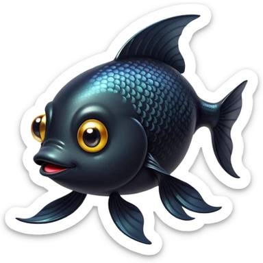 Cinematic Cute Black Goldfish Portrait Emoji, Head tilted playfully and inquisitively, featuring a glossy, deep black body with shimmering scales and round, sparkling golden eyes filled with curiosity, Simplified yet irresistibly adorable features, highly detailed, glowing with a warm, friendly glow, high shine, affectionate and lively, stylized with a touch of whimsy, bright and endearing, soft glowing outline, capturing the essence of a mischievous yet loving goldfish, so playful it feels like it could swim out of the screen and into your heart! sticker