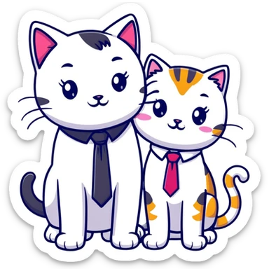 happy girl cat with eyelashes wearing a colorful necktie and happy boy cat wearing a professional necktie standing together and holding paws, both with loving expressions sticker