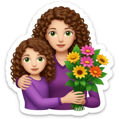 light skinned brunette long curly haired woman with green/hazel eyes holding big bright bunch of flowers with one hand and daughter's hand (also with long brown curly hair) in other. White background. sticker