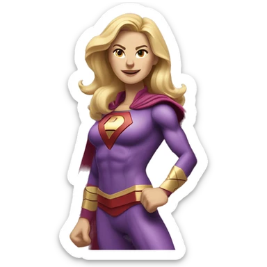 Long blond haired tall superhero woman with strong shoulders happily boldly charging into action. Her face looks like actress Annie Murphy. Her costume colors are purple and yellow. Her shoes are Hoka. The emblem on her costume is B. sticker