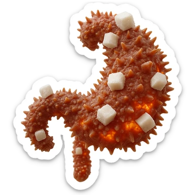 Make the sugars much more evident and recognizable in hyperrealism style, keep the inflamed intestinal microbiota, 4K resolution, transparent background. sticker