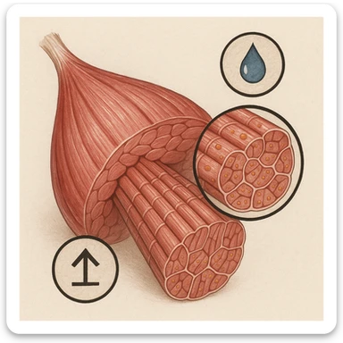 hyper realistic illustration of muscle section with prevalence of slow twitch fibers, low hypertrophy, icons showing saturation and limited growth, cellular details, neutral background sticker