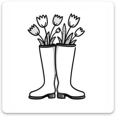 Rubber rain boots/wellington boots with tulip flowers sticking out from the top, in pastel colors (dd9fb0, ffc6d3, a3bfc9, c4bee2, f1b091), hand-drawn doodle style sticker