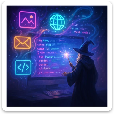A wizard standing in front of a giant glowing monitor, conjuring website icons and code with a wand, mystical and techy atmosphere, glowing effects, futuristic fantasy sticker