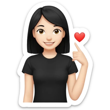 a pretty bratz fair girl with straight black hair, wearing a black tshirt, smiling sticker