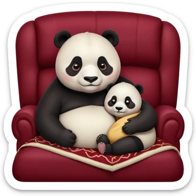  overweight female panda and adorable baby, snuggle on a realistic dark red velvet couch with a blanket, to watch a movie, couch is far too small for them. sticker