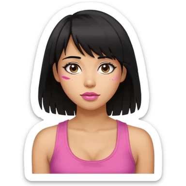 Tan skin woman emoji, full breasts, wearing a tank top, sideways bangs, shoulder-length black hair a little messy, almond eyes pink lips sticker