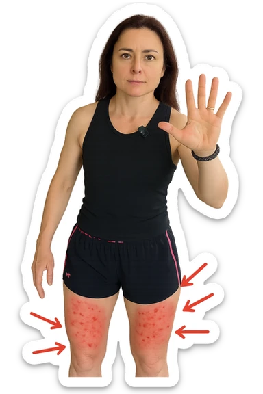 Donna con cellulite sulle cosce indica le cosce che sono infiammate di cellulite con frecce ad indicare  senza mano alzata come in foto. sticker