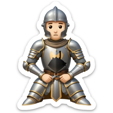 A cartoon knight in full armor with a closed helmet, expressing disappointment. The knight's head is lowered, arms crossed, and legs close together. sticker
