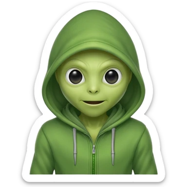 green alien in gray hoodie full height, wear hoodie hat, happy sticker