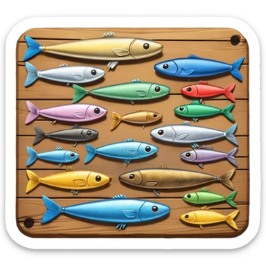 A metal lure set arranged on a wooden plank sticker
