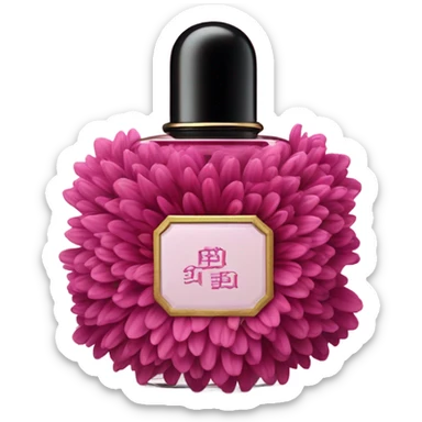 Aesthetic composition of dark pink chrysanthemums and an antique deep pink perfume bottle. sticker