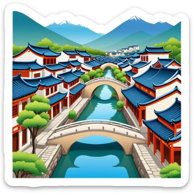 Lijiang Ancient Town Yunnan with canals and bridges, simplified emoji style with bold outlines and bright colors, cartoon style traditional Chinese old town sticker