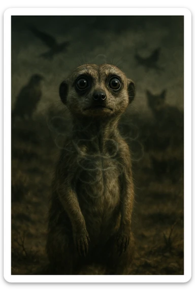 A hyperrealistic, cinematic illustration of a small wild animal, such as a rabbit or a meerkat, with wide, alert eyes and tense body posture, standing in a dry, rugged environment with predators lurking in the shadows. The animal's chest is visibly rising and falling rapidly, representing short, shallow breathing due to constant fear and vigilance. The background is dimly lit, with faint shadows of predators like hawks or foxes barely visible, symbolizing the ever-present threat. Around the animal, subtle visual representations of tension and stress appear as tight, dark rings or smoke near its chest and head, while the environment feels heavy and oppressive. The color palette is muted earth tones, with sharp focus on the animal’s tense face and rapidly moving chest, while the environment around is slightly blurred, emphasizing the feeling of isolation and perpetual fear. The style is 35mm film hyperrealistic with a storytelling, National Geographic documentary aesthetic, capturing the concept of an animal constantly living in fight-or-flight, breathing fast and shallow to survive sticker