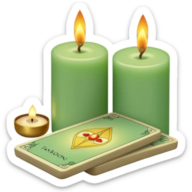 A light green deck of tarot cards and a one candle nearby sticker