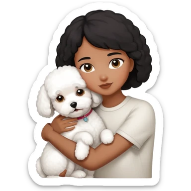 A short black hair girl,hugging a Bichon frise sticker