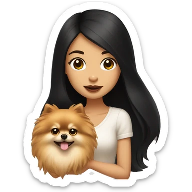 A girl with long black hair, light brown eyes, big lips, she has fair skin, holds a light pomeranian in her hands sticker