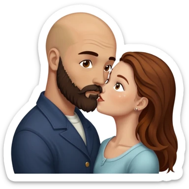 Couple. Bald man with dark brown-black beard. White woman with many small, faded freckles, she has white skin and she has auburn-brown-cinnamon, dark long hair. She has light brown eyes. The man have hazel eyes. She have light eyes. Retro style. She kisses him. Dark akademia. sticker