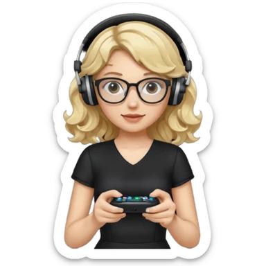 
gamer, woman with blond wavy hair, tight black dress with a white line with glasses, headphone, gamepad sticker