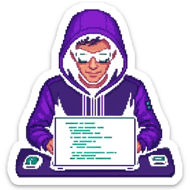 Make the pixel art hacker actively coding on a laptop, with glowing code on the screen, keep the pixel art style sticker