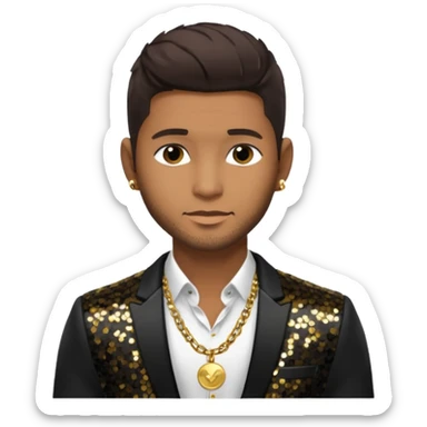 Usher with dark brown hair, black sequin suit jacket, shirtless with necklace sticker