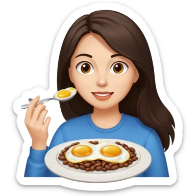 Mujer de pelo cafe oscuro y largo, y tez blanca comiendo huevo frito con frijoles sticker
